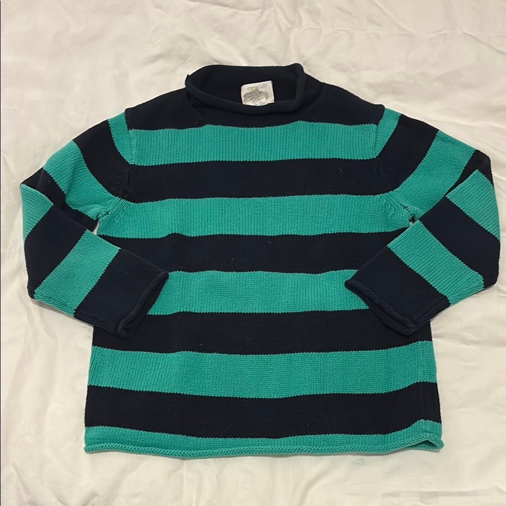 Boy Turtleneck Sweater in Navy and Teal Stripes